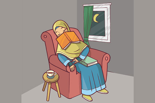 وکتور لایه باز EPS دختر دانشجو با حجاب اسلامی که درحال مطالعه کتاب خوابیده است ویژه روز جهانی دانشجو